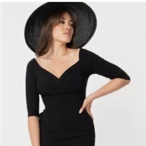 Unique Vintage Shaliene Wiggle Dress Black 1950s, Pencil Dress #
